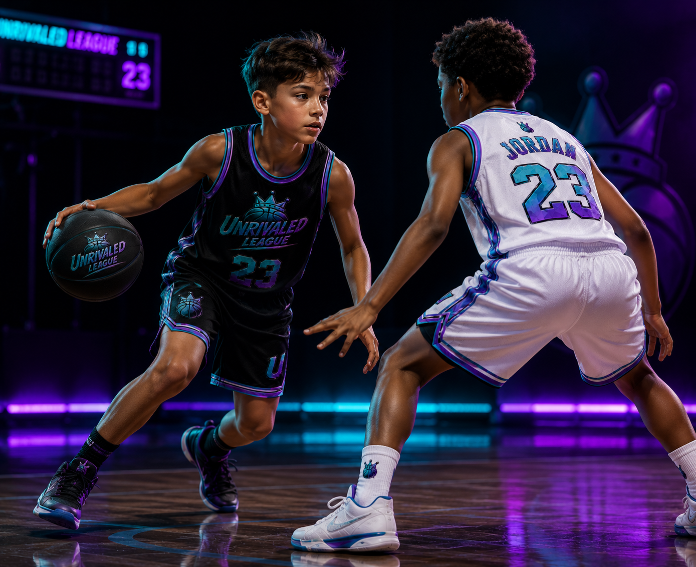Youth basketball players competing in Unrivaled League uniforms